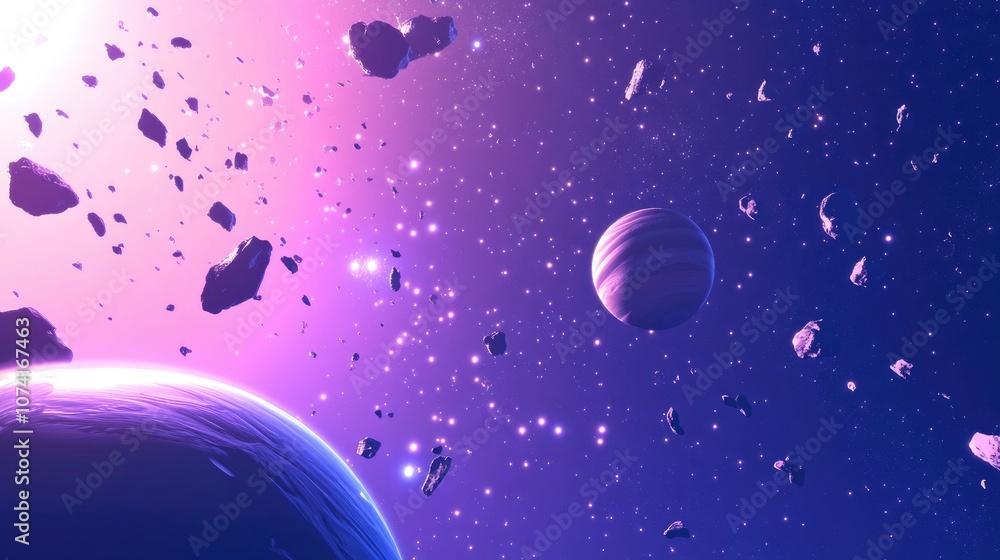 Naklejka premium 3D cartoon depiction of stars in a galaxy and planet within open space