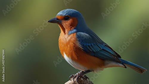 Cute bird perching on top mossy stick background in shaded sun lighting, amazing nature