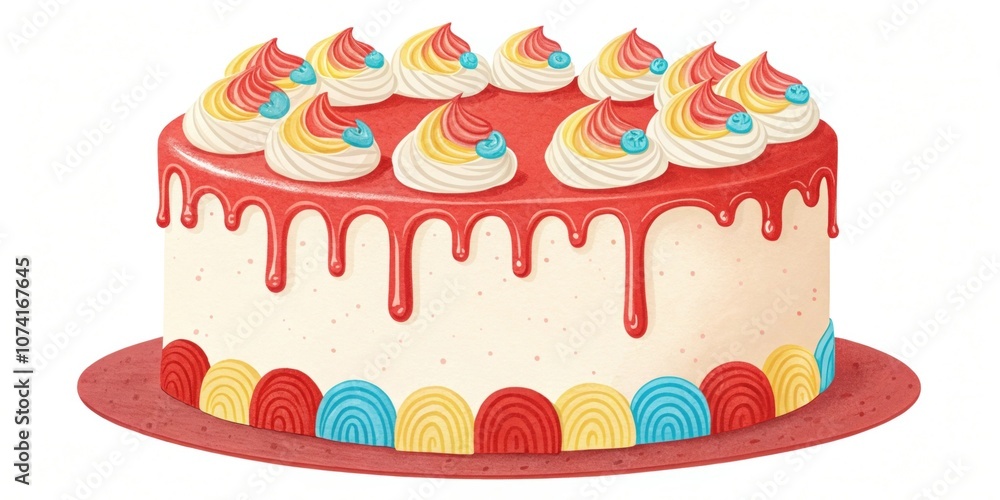 Whimsical Cake with S Drip Effect A whimsical cake decorated with a red drip effect down the sides. Playful brightcolored icing ss crawl up the sides and curl around the cake in a Whimsical Cake with S Drip Effect A whimsical cake decorated with a red drip effect down the sides. Playful brightcolored icing ss crawl up the sides and curl around the cake in a