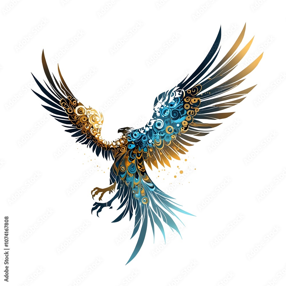 Obraz premium Blue and gold vector wings, soaring eagle silhouette, heart tattoo design