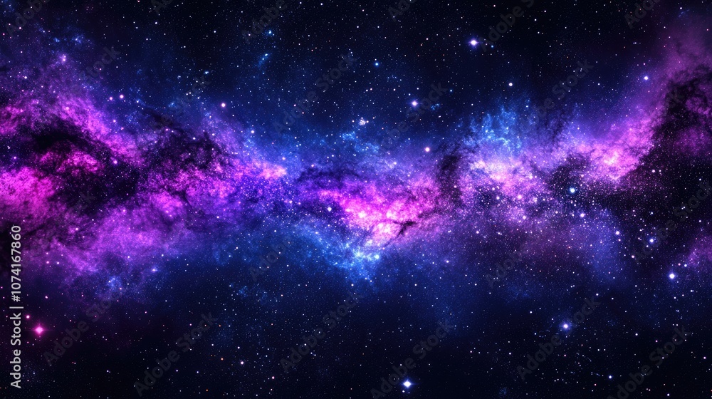 Ultra violet tones and purple trends depicted in a 3D cartoon rendering of the Milky Way galaxy featuring stars and cosmic dust with long speed exposure effects