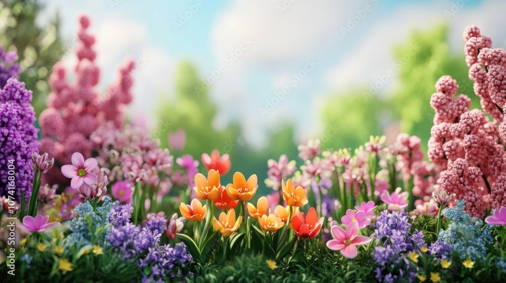 Obraz premium Blooming flowers in a spring garden with 3D cartoon rendering