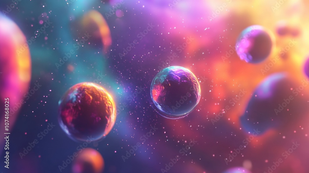 Colorful and blurry elements create a fake space galaxy background in a 3D cartoon rendering Colorful and blurry elements create a fake space galaxy background in a 3D cartoon rendering