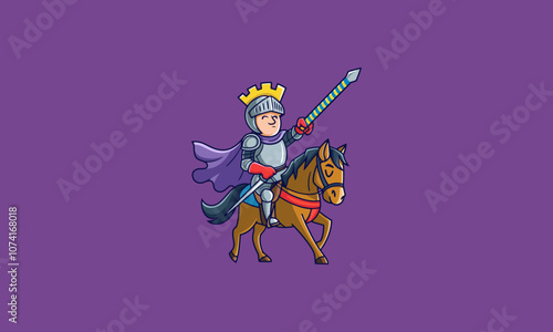 Cartoon knight on horseback with lance pointing forward.