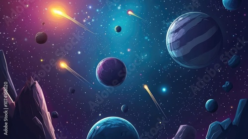2D illustration depicted in a 3D cartoon style A deep interstellar space backdrop features bright flashing stars planets moons and comets showcasing various imaginative science fiction settings Sp