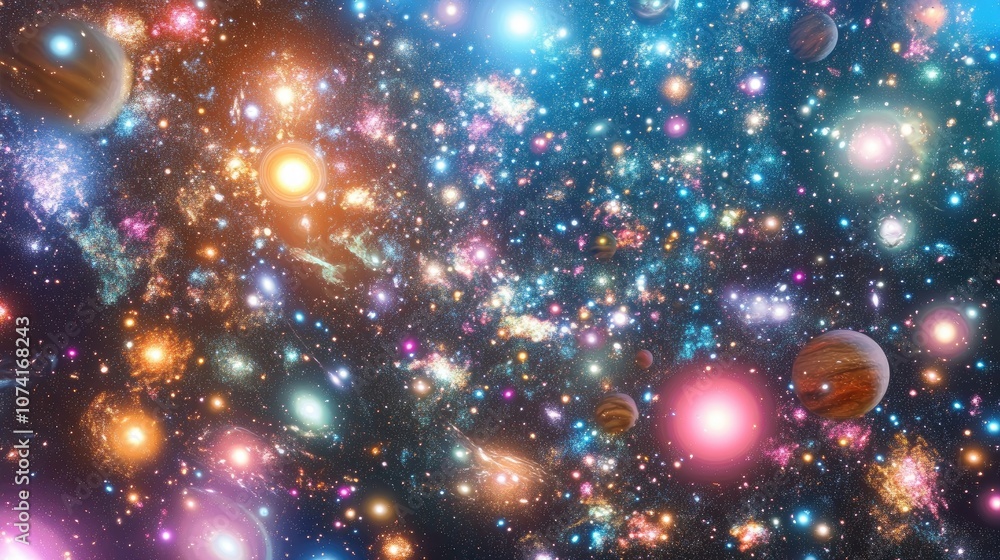 Cartoon rendering in 3D of a universe brimming with stars nebulae and galaxies