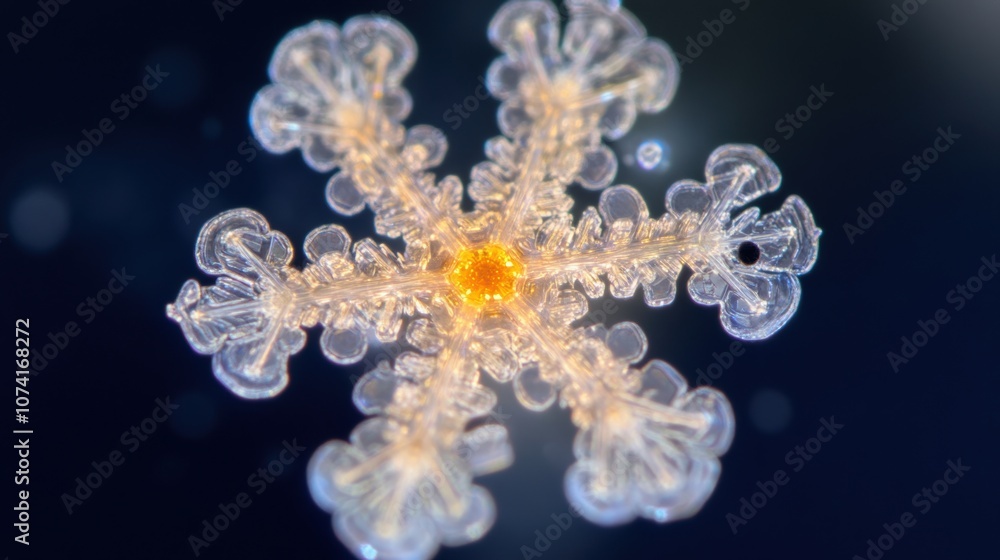 A beautifully detailed snowflake glows under light, showcasing its intricate patterns and unique form in close proximity A beautifully detailed snowflake glows under light, showcasing its intricate patterns and unique form in close proximity