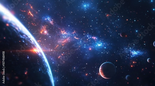 Fototapeta Naklejka Na Ścianę i Meble -  2D illustration depicted in a 3D cartoon style A deep interstellar space backdrop features bright flashing stars planets moons and comets showcasing various imaginative science fiction settings Sp