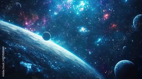 Fototapeta Naklejka Na Ścianę i Meble -  2D illustration in a cartoon drawing style featuring a 3D rendering of deep interstellar space Includes stars planets moons and a variety of imaginative science fiction backdrops