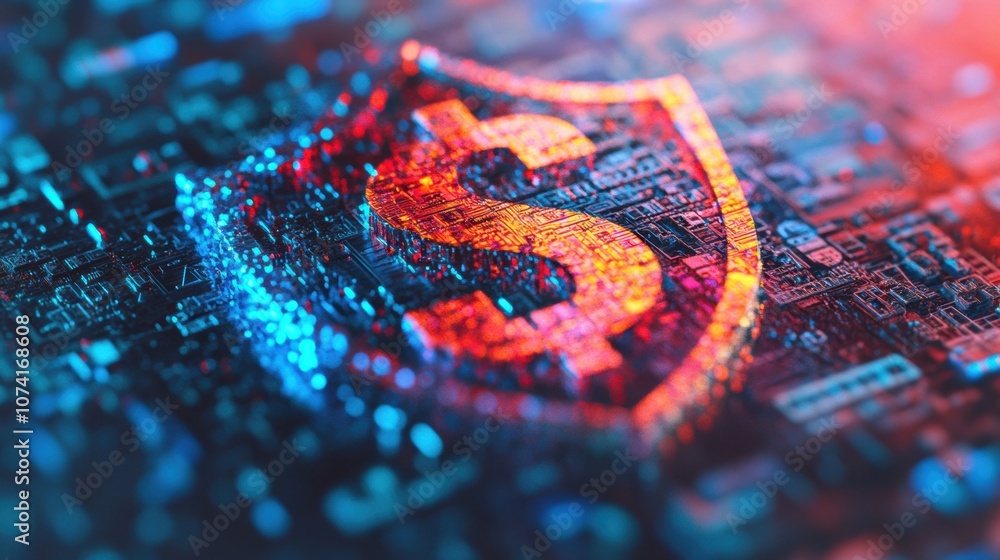Obraz premium A glowing dollar sign embedded in a shield over a digital circuit board, symbolizing financial security, fintech, and data protection.