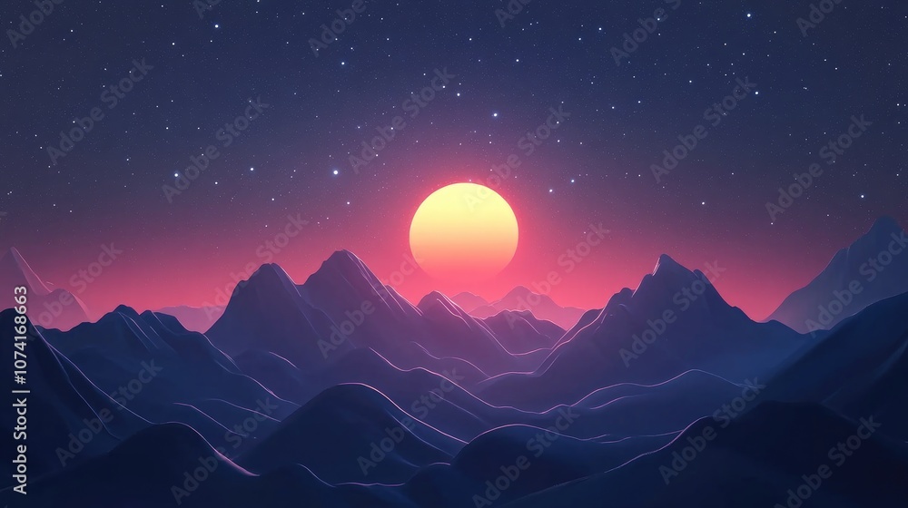 Beautiful view of a starry sky over mountains at night in 3D cartoon rendering Beautiful view of a starry sky over mountains at night in 3D cartoon rendering