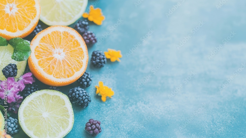 Bright slices of oranges and limes are artfully arranged with blackberries and colorful flowers on a textured blue background Bright slices of oranges and limes are artfully arranged with blackberries and colorful flowers on a textured blue background