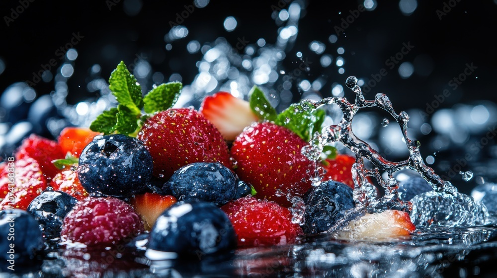 Juicy berries and fruits burst with splashes as they collide with water, showcasing vibrant colors and a refreshing look Juicy berries and fruits burst with splashes as they collide with water, showcasing vibrant colors and a refreshing look