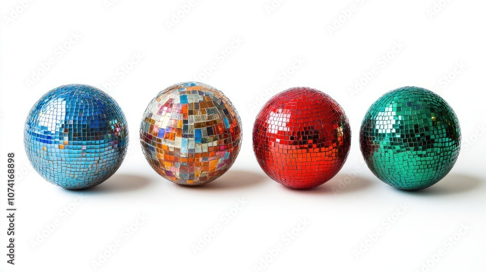 Colorful Disco Balls Arranged in a Row on a Bright Background Generative AI Colorful Disco Balls Arranged in a Row on a Bright Background Generative AI