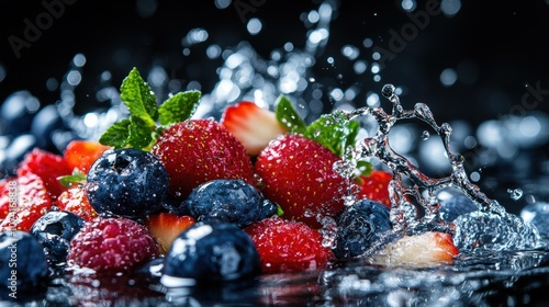 Juicy berries and fruits burst with splashes as they collide with water, showcasing vibrant colors and a refreshing look