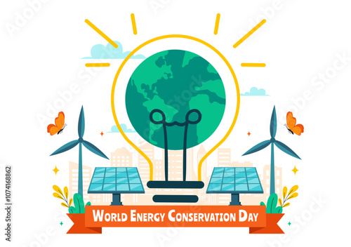 World Energy Conservation Day Vector Illustration the importance of Saving the Planet with a Green and Eco Friendly, featuring a Lamp and Earth