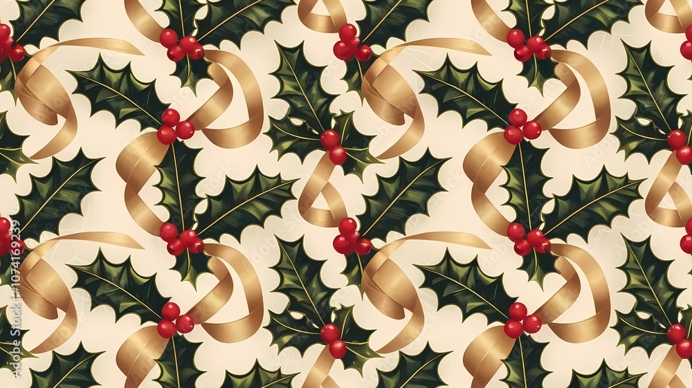 Christmas seamless pattern with gold ribbons and holly berries Christmas seamless pattern with gold ribbons and holly berries