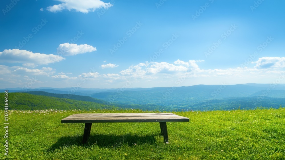 Rustic table placed on a grassy hill, overlooking the vast mountain landscape under a clear blue sky Rustic table placed on a grassy hill, overlooking the vast mountain landscape under a clear blue sky