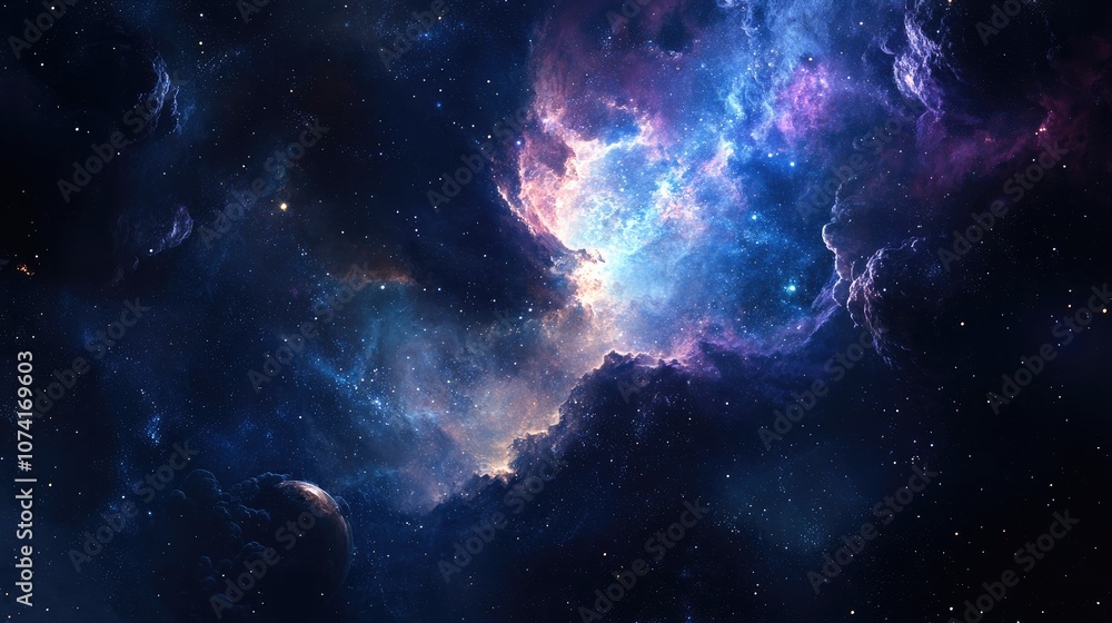 Fototapeta premium Background design featuring abstract forms and planets related to science showcasing a 3D cartoon rendering An explosion of stars in space highlights a fantastic galaxy within the universe illustr