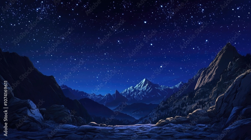 2D illustration of mountains at night in a 3D cartoon rendering Digital art 2D illustration of mountains at night in a 3D cartoon rendering Digital art