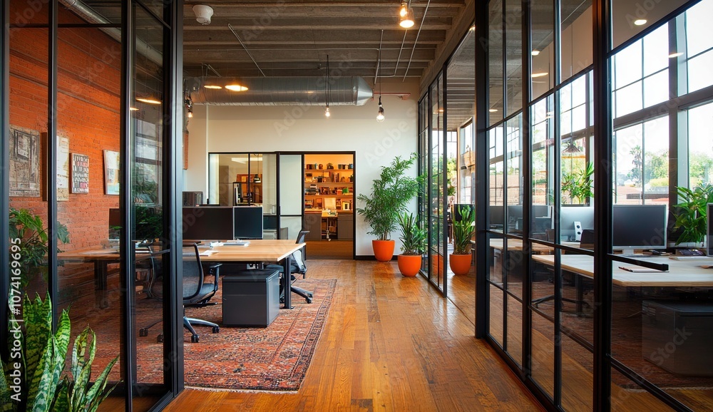 Fototapeta premium Modern office space with glass partitions, hardwood floors, and plants.