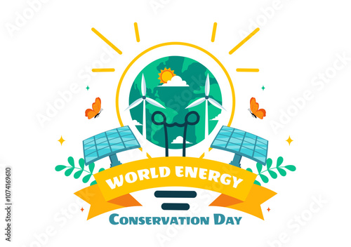 World Energy Conservation Day Vector Illustration the importance of Saving the Planet with a Green and Eco Friendly, featuring a Lamp and Earth