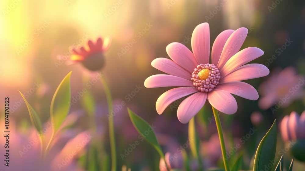 Summer pink flower on a blurred background in a 3D cartoon rendering Summer pink flower on a blurred background in a 3D cartoon rendering