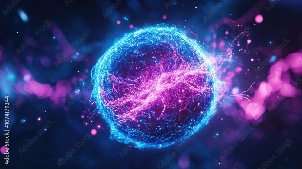 3D cartoon rendering featuring a sphere ball of blue and purple energy magic circle showcasing futuristic waves and particle lines representing atomic energy and electricity Abstract background 3D cartoon rendering featuring a sphere ball of blue and purple energy magic circle showcasing futuristic waves and particle lines representing atomic energy and electricity Abstract background