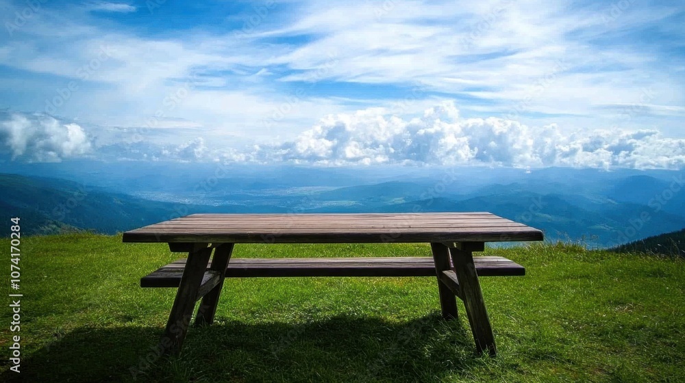 Rustic wooden table placed on lush mountain grass, distant valleys visible under a clear blue sky Rustic wooden table placed on lush mountain grass, distant valleys visible under a clear blue sky