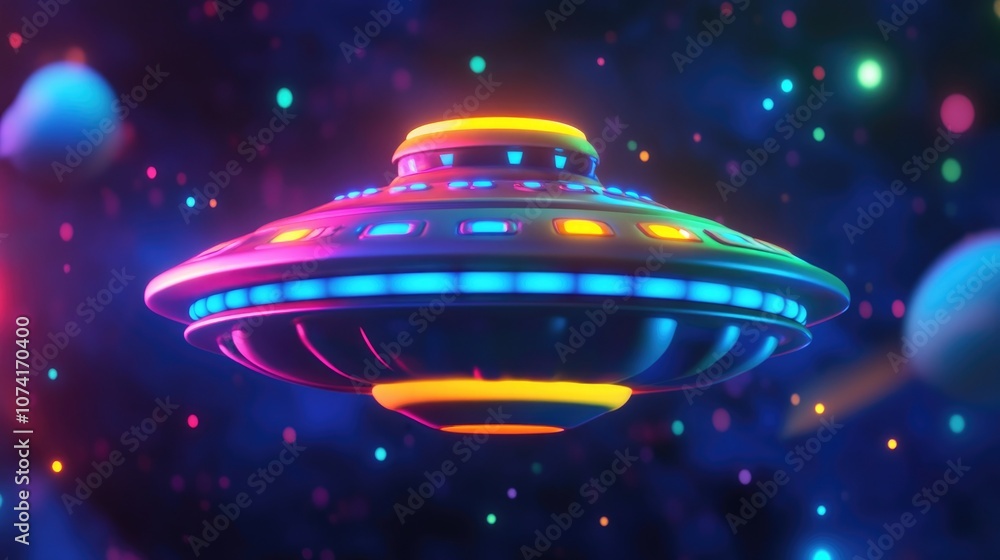 Colorful and funny cartoon scene featuring a galactic alien UFO spacecraft designed as a 3D rendering for kids Colorful and funny cartoon scene featuring a galactic alien UFO spacecraft designed as a 3D rendering for kids