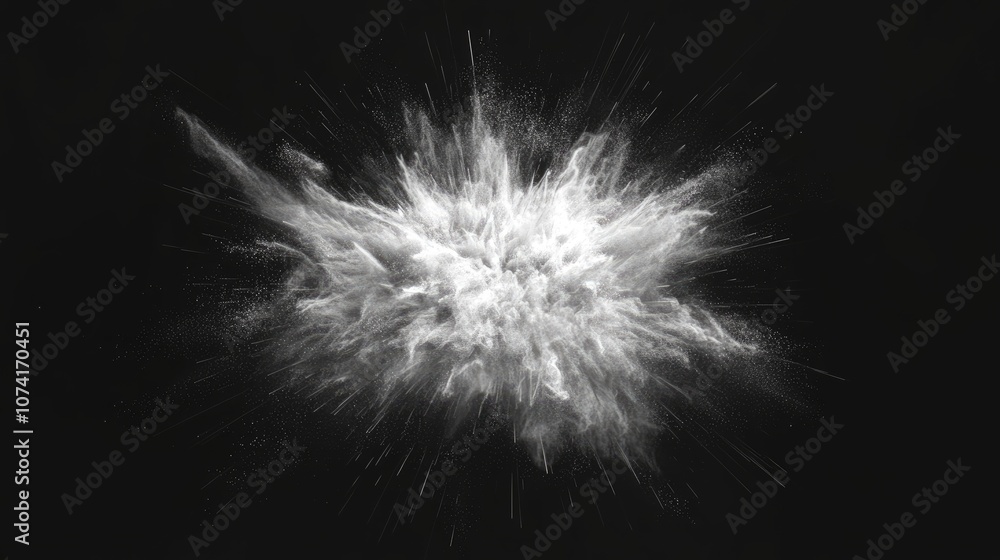Freeze motion of white particles on a black background in a 3D cartoon rendering Abstract dust overlay texture from a powder explosion Freeze motion of white particles on a black background in a 3D cartoon rendering Abstract dust overlay texture from a powder explosion