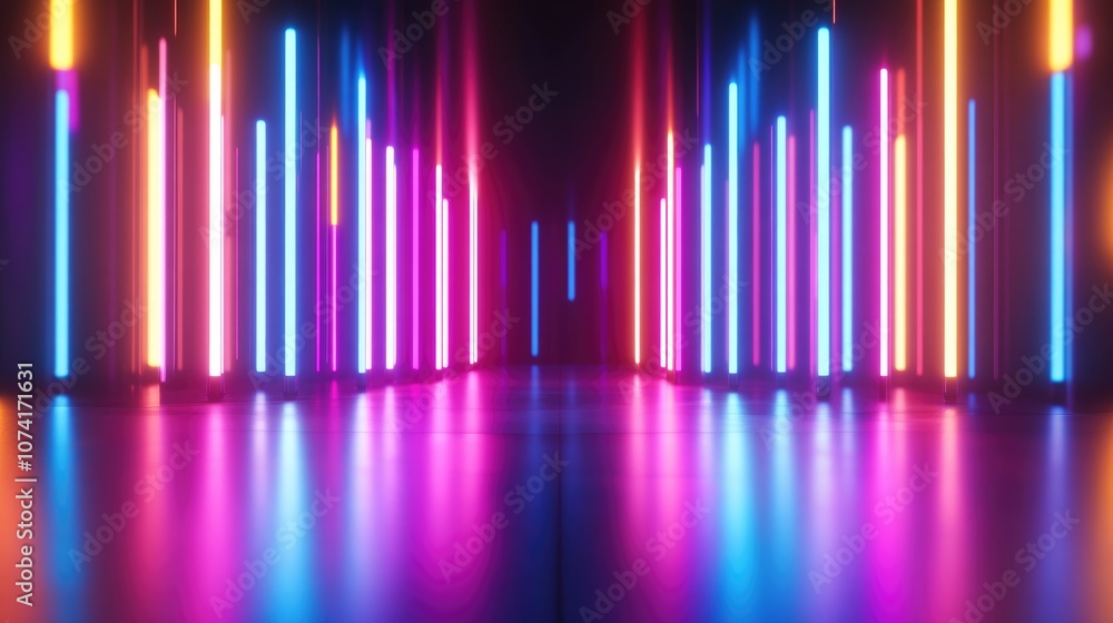 Bright varied random lights in a 3D cartoon rendering featuring modern neon technology and floodlights created through computer generated illustration Bright varied random lights in a 3D cartoon rendering featuring modern neon technology and floodlights created through computer generated illustration