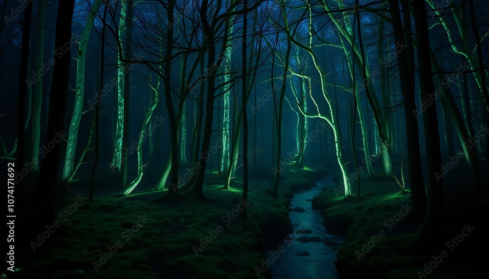 Fototapeta premium Bioluminescent Trees in a Twilight Forest with Glowing Stream
