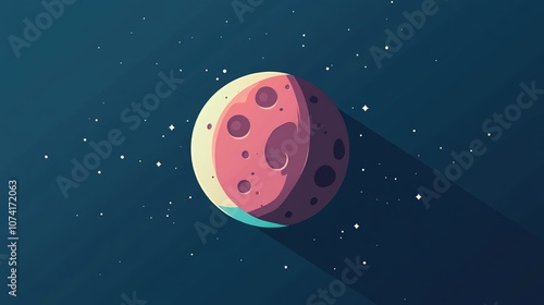 Flat icon of space moon with long shadow 3D cartoon rendering line icon