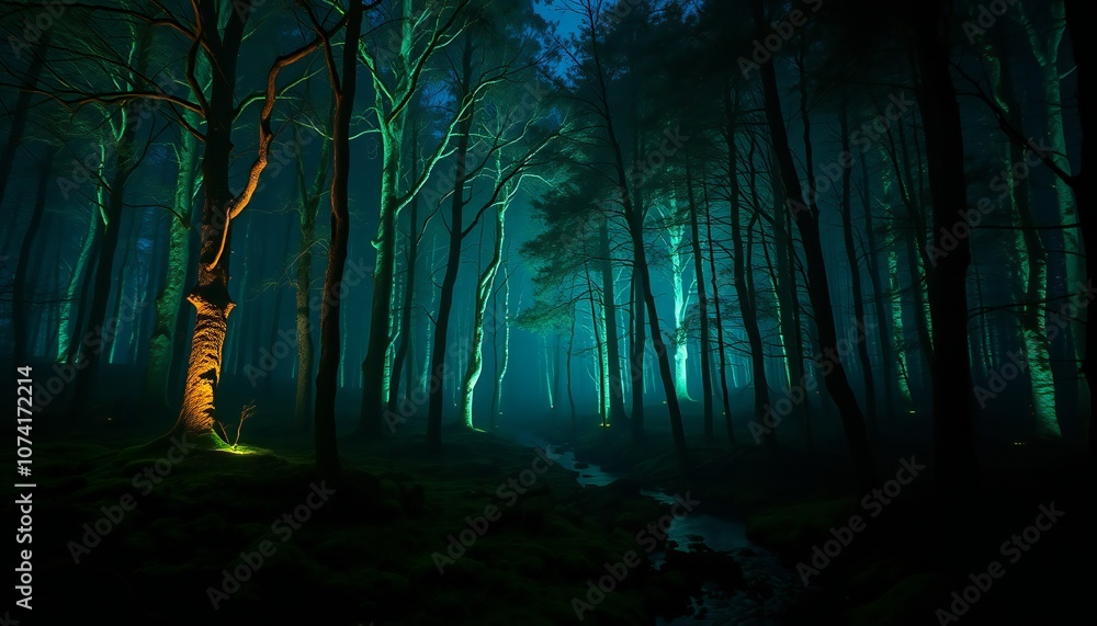 Fototapeta premium Bioluminescent Trees in a Twilight Forest with Glowing Stream