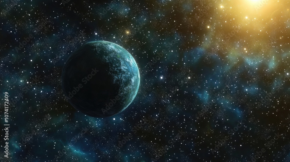 Rendering of 3D cartoon stars from a planet amidst a galaxy in open space Rendering of 3D cartoon stars from a planet amidst a galaxy in open space