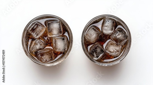 Top View of Two Iced Coffee Cups With Ice Cubes on a White Surface Generative AI