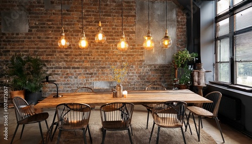 Warehouse-Style Industrial Dining Room with Metal Chairs, Raw Wood Table, and Edison Bulbs