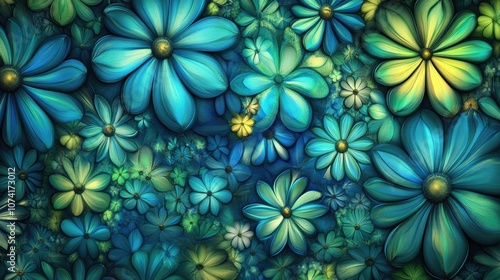 Floral Pattern Textured Blue and Green Fractal Artwork Designs in 3D Cartoon Rendering for Versatile Backgrounds