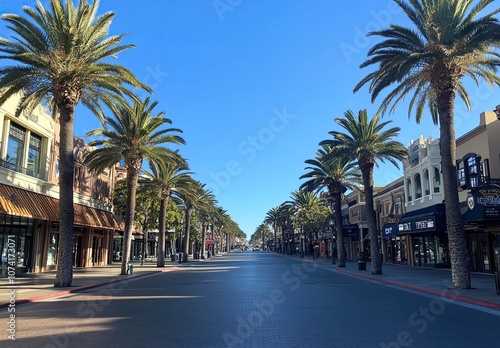 A deserted street lined with palm trees and shops on a sunny day.