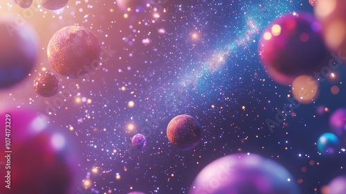 Cosmic background featuring star dust and pixie dust glitter alongside a 3D cartoon rendering of the Milky Way with a conceptual image of space stars and planets