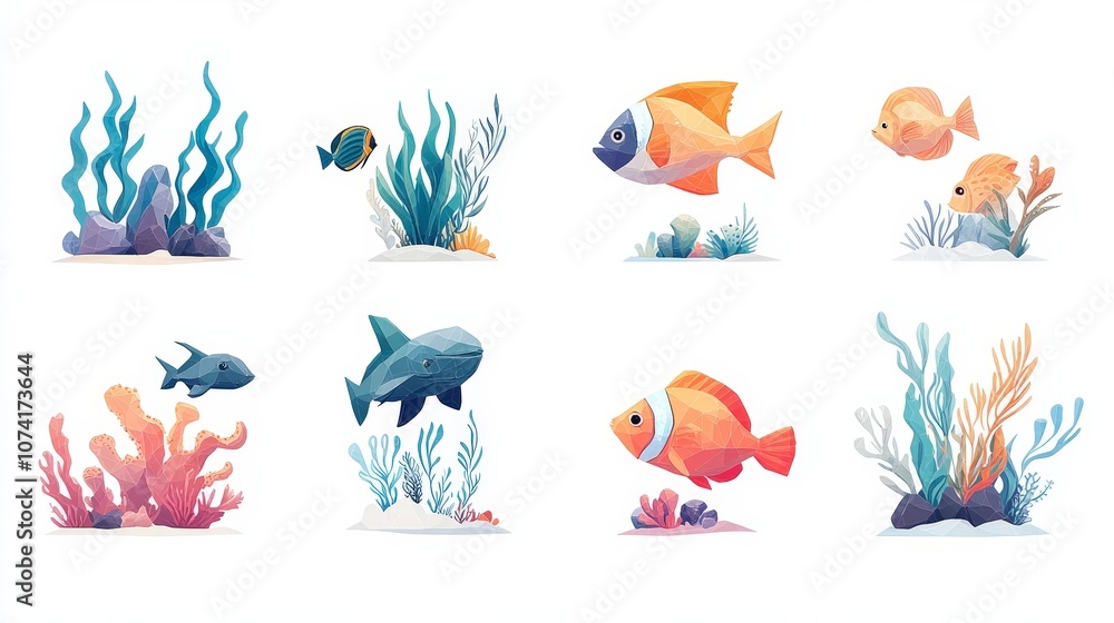 Fototapeta premium Colorful Illustrations of Fish and Underwater Plants in a Vibrant Ocean Ecosystem, Perfect for Educational Materials or Decorative Purposes