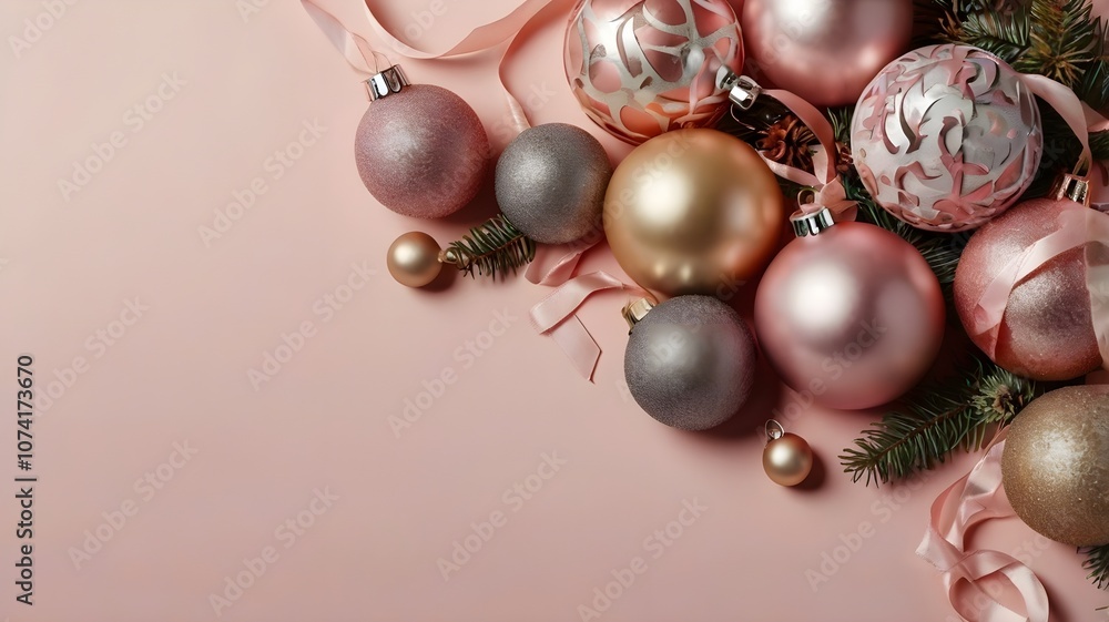 Christmas ornaments on pink pastel background with space 
