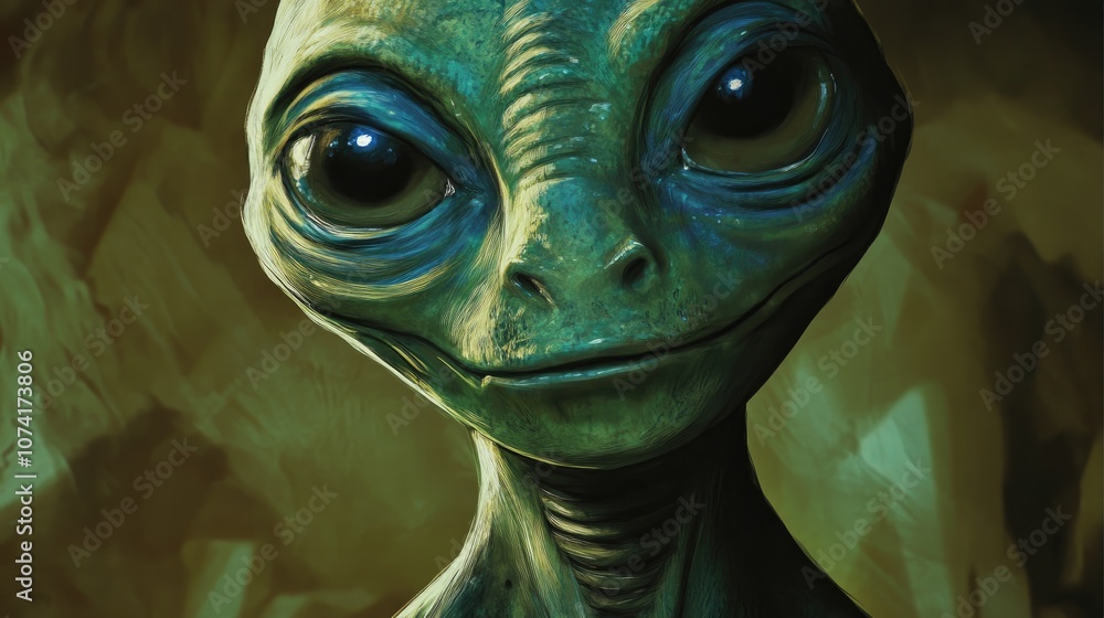 Artistic concept painting of an alien portrait with a 3D cartoon rendering in the background Artistic concept painting of an alien portrait with a 3D cartoon rendering in the background