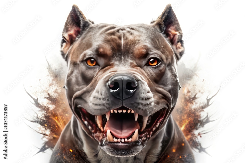 Obraz premium Intense Pit Bull Portrait - Fierce and Fearsome Dog Photography, Double Exposure Art, Aggression and Power, Isolated on White Background