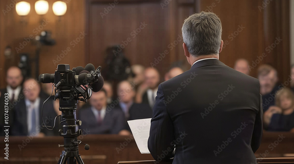The Weight of Words: A man in a suit, addressing a courtroom full of attentive faces, his back to the camera, emphasizing the gravity of the moment and the power of speech. The Weight of Words: A man in a suit, addressing a courtroom full of attentive faces, his back to the camera, emphasizing the gravity of the moment and the power of speech.
