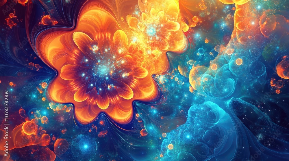 Artistic fractal shapes backdrop in a 3D cartoon rendering Abstract colorful cosmic background with a splash texture Blue light illustration Artistic fractal shapes backdrop in a 3D cartoon rendering Abstract colorful cosmic background with a splash texture Blue light illustration
