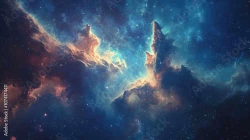 Cartoon rendering in 3D of a nebula and the universe featuring a blue background