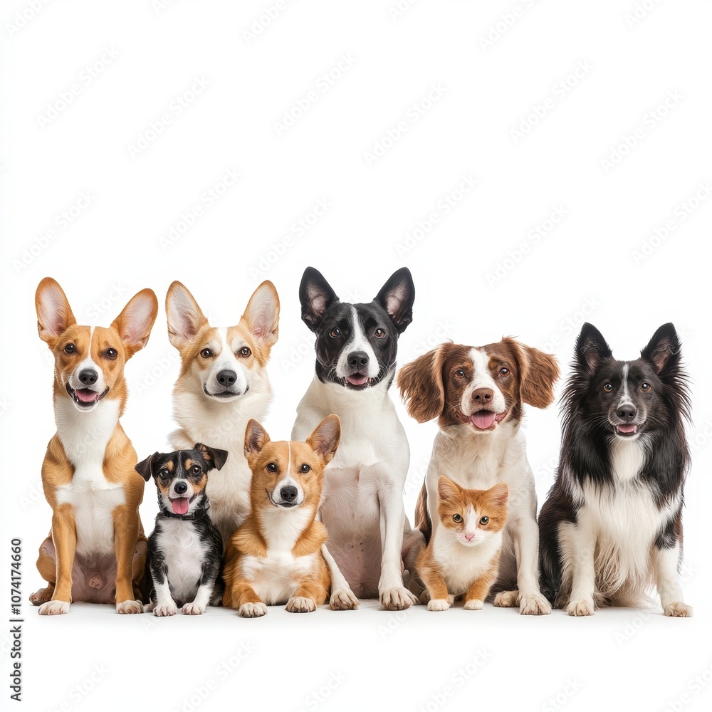 A Joyful Gathering of Various Dog Breeds and a Cat All Posed Together in a Studio Setting, Showcasing Their Unique Personalities and Expressions A Joyful Gathering of Various Dog Breeds and a Cat All Posed Together in a Studio Setting, Showcasing Their Unique Personalities and Expressions