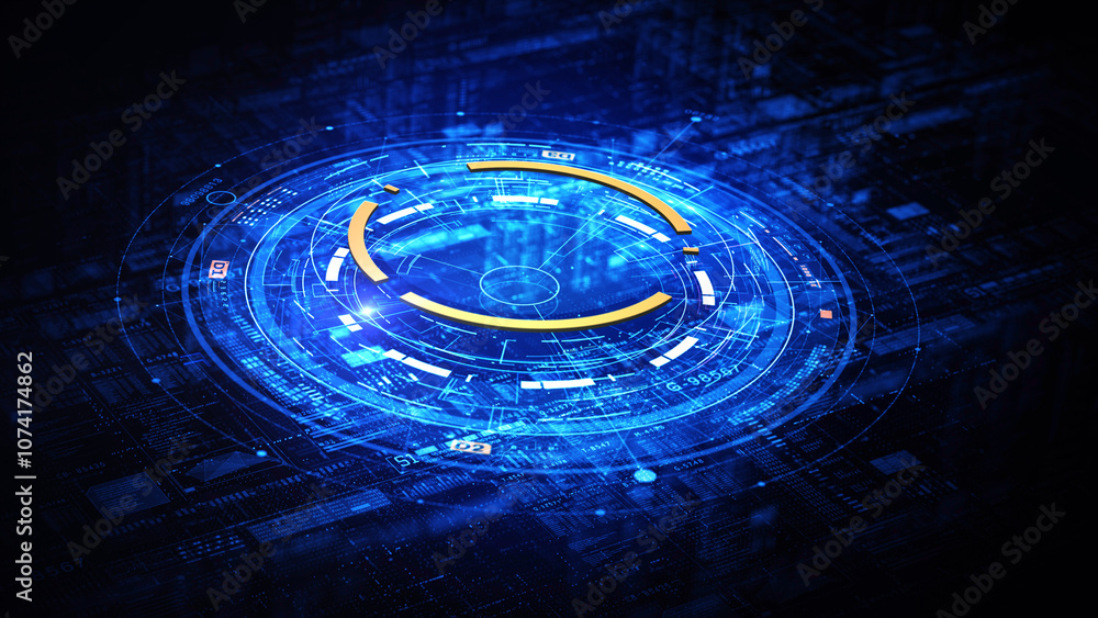 Fototapeta premium Abstract blue digital interface with circular elements, glowing lines, and data symbols. futuristic designs, Digital innovation concepts. Technology digital background 3d Rendering